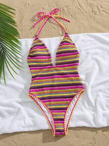 Swim Vcay Women's Beach Music Festival Spring/Summer Colorful Striped Knit Jacquard V-Neck Backless Sexy Elegant Fashion One-Piece Swimsuit - Multicolor - View 6