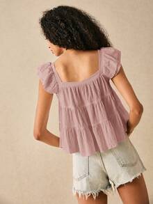 SHEIN Frenchy Women's Solid Color Square Collar Ruffle Hem Casual Blouse - Dusty Pink - View 2