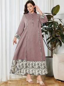 Lacomfia Casual Print Patchwork Long Sleeve Loose Regular Spring/Autumn Plus Size Dress - Mauve Purple - View 5