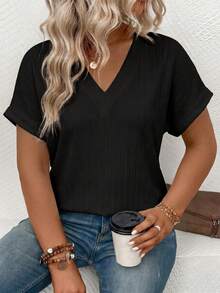 EMERY ROSE Women's Spring/Summer New Arrival Soft Knit Wide Ribbed V-Neck Short Sleeve Plus Size T-Shirt - Black - View 4