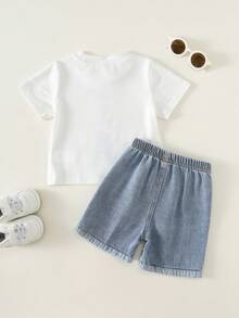 SHEIN Setelan 2pcs untuk Bayi Laki-laki, Kaos Lengan Pendek dan Celana Pendek Denim Motif Lucu Kasual untuk Hari Ayah, Cocok untuk Musim Semi/Panas - MultiWarna - View 3