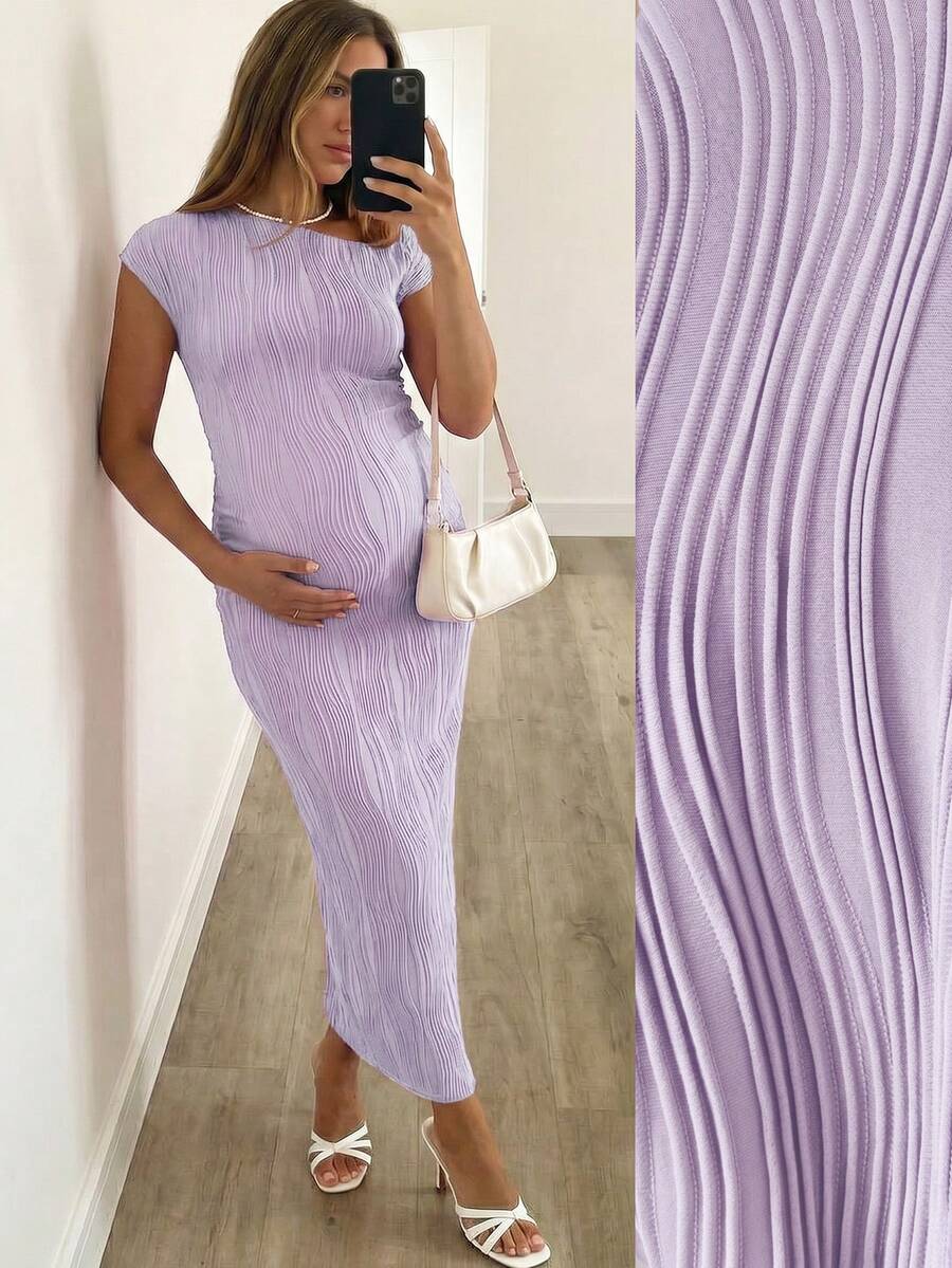 SHEIN Maternity Solid Color Textured Fitted Elegant Dress - Mauve Purple - View 1