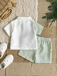 SHEIN Vintaside Kids 2件套新生男婴休闲条纹短袖衬衫和短裤套装，适合春夏季节各种场合，如生日派对、宴会、表演、婚礼、婴儿派对、婚礼宾客、花童等。 - 綠色 - 查看 2