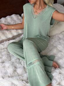 DAZY Women's Solid Color Lace Patchwork Top And Pants Pajama Set Summer - Green - View 4