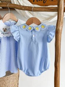 Vintaside Kids 女嬰可愛淺藍色連身褲 夏季櫻花刺繡領口 甜美簡約 舒適版型 親子套裝 休閒出遊連身褲 - 藍色 - 查看 3