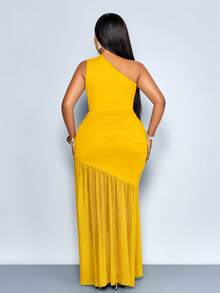 Vestido largo maxi de talla grande para mujer, de unicolor, con cuello asimétrico hueco, para uso diario, vacaciones, casual, elegante, sexy, simple, sin mangas, ajustado, - Amarillo - Ver 2