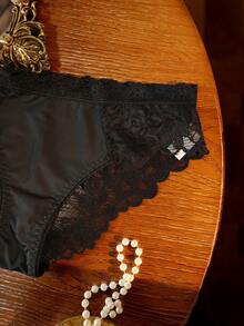 SHEIN 女士蕾丝拼接性感日常穿着丁字裤 - 黑色 - 查看 3