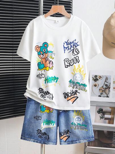 2pcs/Set Tween Boys Casual Street Bear Print Short Sleeve Round Neck T-Shirt And Denim Effect Shorts Set, Suitable For Summer Daily Casual Wear, Holiday, Beach, Vacation