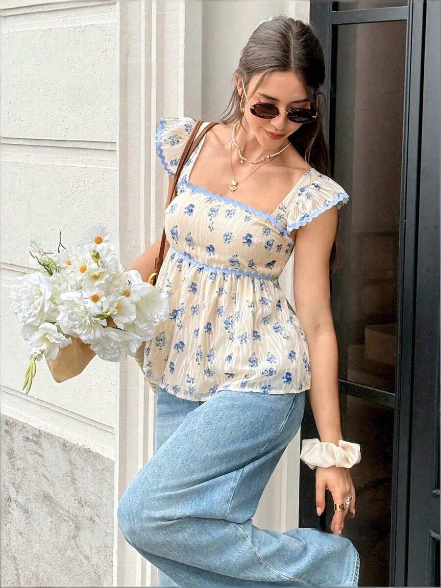 Serisse Áo sơ mi nữ kiểu dáng thường ngày in hoa, tay loe. - Xanh và trắng - Xem 1