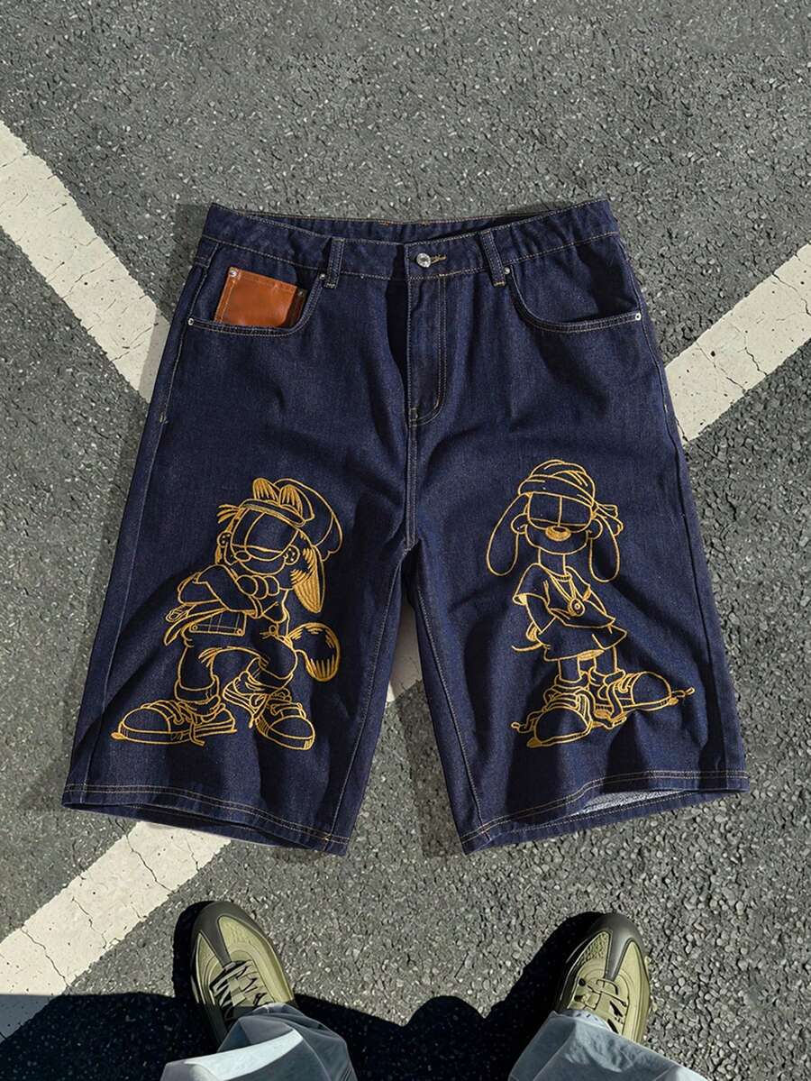 GARFIELD | SHEIN Quần short denim nam họa tiết hoạt hình có túi, kiểu dáng thường ngày. - Rửa tối - Xem 1