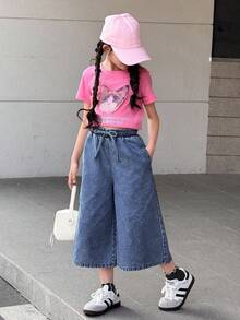 SHEIN 少女系带口袋阔腿宽松牛仔裤 - 深色水洗藍 - 查看 3