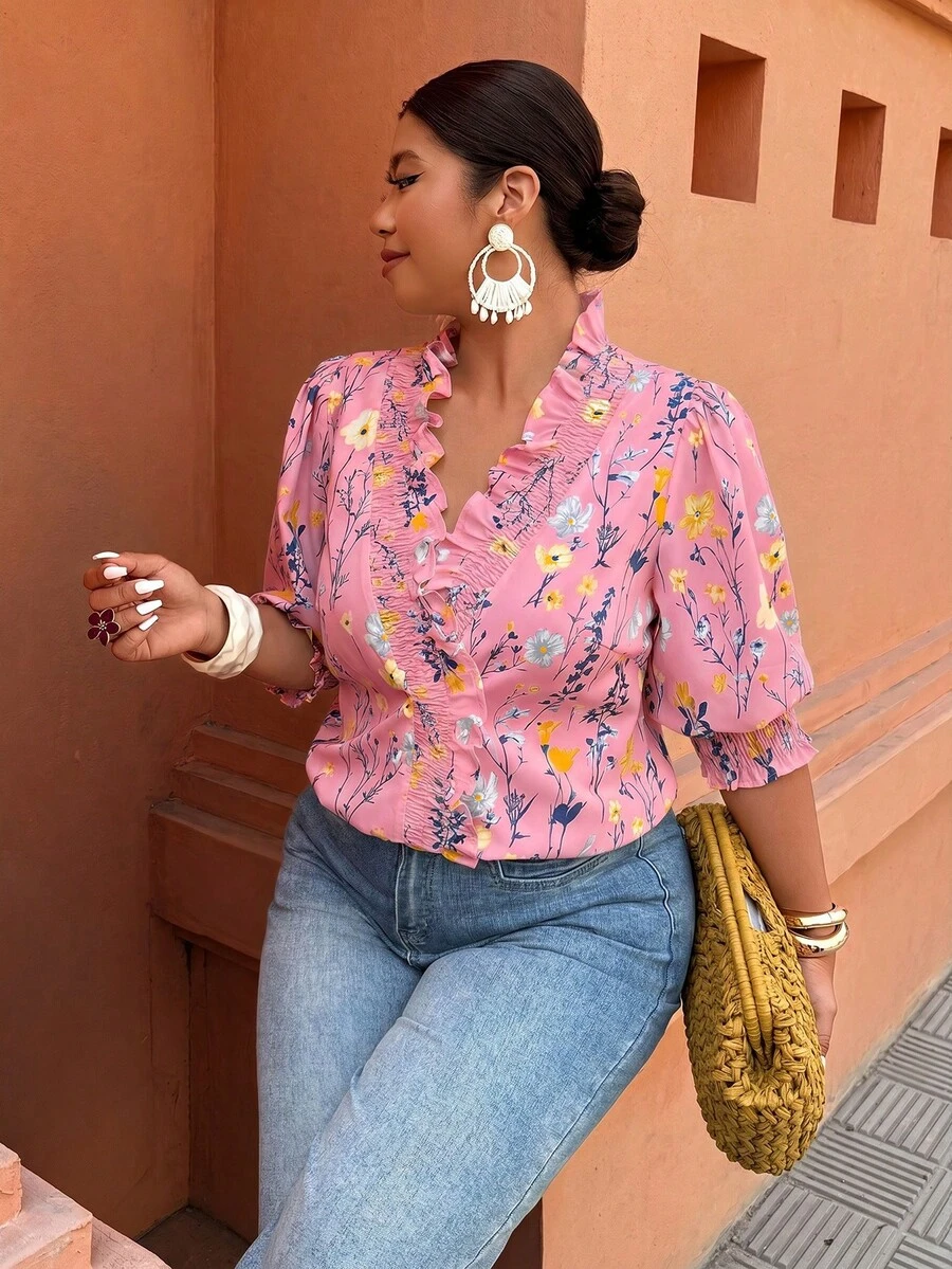 Breezaya Plus Size Women's Casual Vacation Floral Print Ruffle Hem Shirt, Spring/Summer - Multicolor - View 1