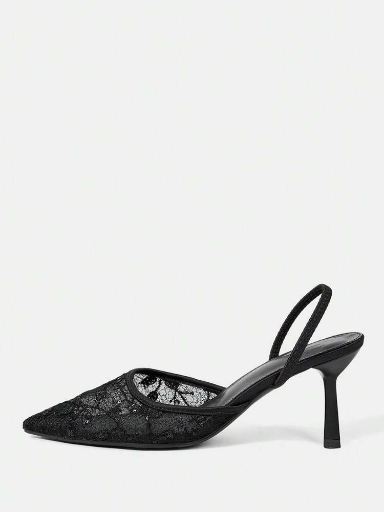 CUCCOO HITCHD Women's Embroidered Mesh Design Pointed Toe Asymmetric Heel High Heels, Romantic Elegant Stylish Mesh Pumps With Exposed Heel For Formal Occasions, Dates, Afternoon Tea, Weddings, Parties, Valentine's Day Spring Shoes