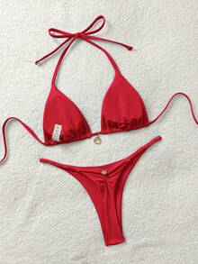 Soleia Women's Solid Color Swimwear Set For Vacation & Beach - Red - View 2