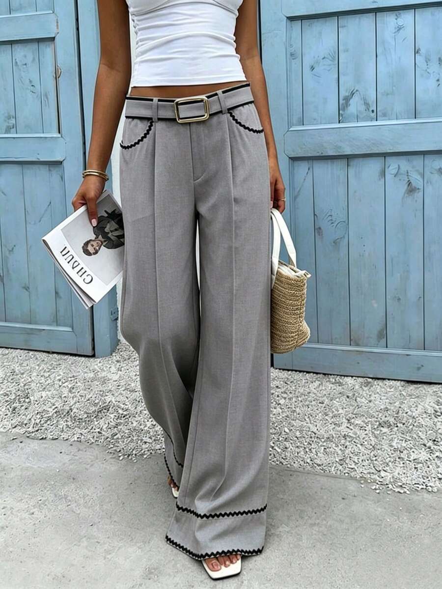 SHEIN Holidaya Quần màu be với viền lượn sóng màu đen, quần ống rộng cạp cao kiểu vintage dành cho người đi làm, trang phục đa năng mặc hàng ngày. - Xám - Xem 1