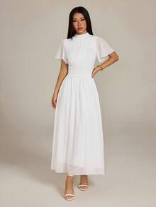 SHEIN PETITE 女士优雅浪漫高腰A字荷叶边连衣裙，立领喇叭袖，适合通勤、海滩、度假等场合，白色端庄长款连衣裙，婚礼宾客礼服 - 白色 - 查看 5
