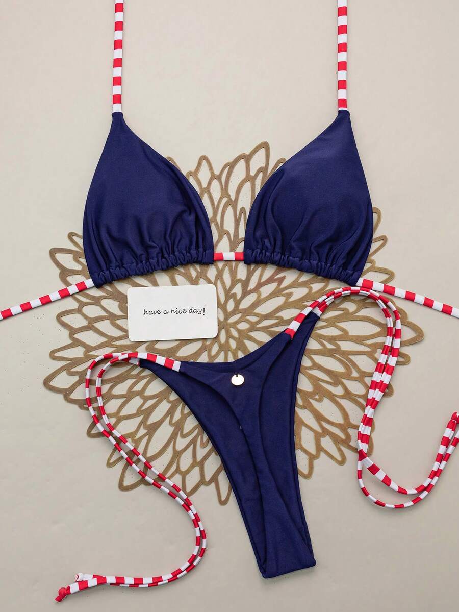 Swim Vcay Bộ bikini hai mảnh buộc dây màu xanh hải quân, sọc đỏ và trắng mới, kiểu dáng tam giác, gợi cảm, thích hợp cho mùa xuân/hè. - Nhiều màu - Xem 1