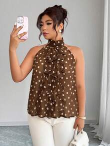 Elenzga Áo không tay mùa hè cỡ lớn dành cho nữ, họa tiết chấm bi, viền bèo nhiều lớp, eo thắt, kiểu dáng nhẹ nhàng lãng mạn, phù hợp cho đi làm và hẹn hò. - Nhiều màu - Xem 4