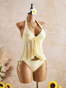 Bellisia Nuevo traje de baño tipo tankini con tirantes y rayas amarillas y blancas para el verano 2026, estilizador y favorecedor para vacaciones en la playa - Amarillo claro - Ver 3