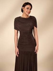 Serin Mother Of The Bride Solid Color Pleated Elegant Formal Waist Wedding Evening Party Dress Shades Of Brown Spring - Mocha Brown - View 1