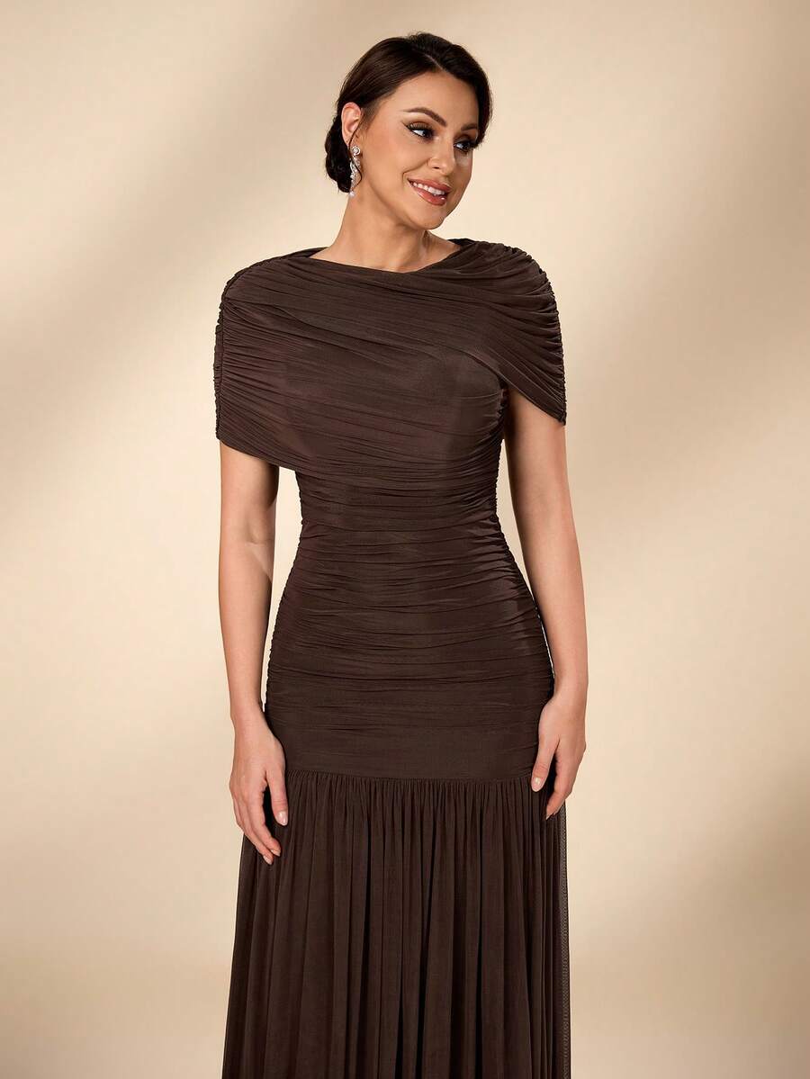 Serin Mother Of The Bride Solid Color Pleated Elegant Formal Waist Wedding Evening Party Dress Shades Of Brown Spring - Mocha Brown - View 1