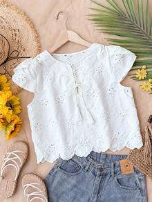 Travachic 2026 Spring/Summer Embroidered Hollow-Out White Blouse,Boho Vacation Holiday Summer Top Shorts Outfits For Women Brunch Two Piece Set Summer Outfits - White - View 1