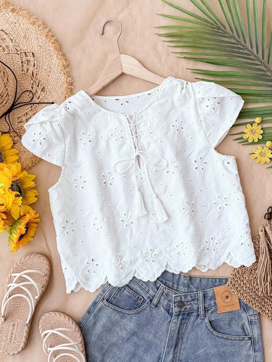 Travachic 2026 Spring/Summer Embroidered Hollow-Out White Blouse,Boho Vacation Holiday Summer Top Shorts Outfits For Women Brunch Two Piece Set Summer Outfits - White - View 1