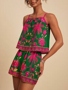 Travachic Conjunto de 2 piezas de chaleco y shorts de gasa con estampado para mujer, ideal para vacaciones de primavera/verano - Multicolor - Ver 5