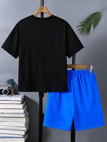 2pcs/Set Tween Boys' Summer Casual Letter & Palm Tree Print Short Sleeve T-Shirt And Shorts Set,Black And White,Streetwear,City Break,Holiday Outfit - Blue - View 2