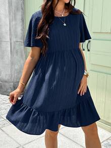 Boho Mama Umstandskleid Einfarbig mit rundem Ausschnitt, Kurzarm und Rüschensaum, Lässig - Blau - Übersicht 4
