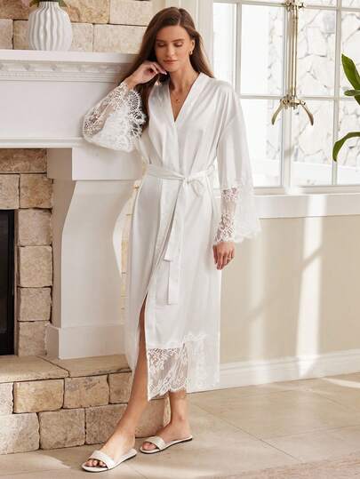 Bata larga de satén de unicolor con parches de encaje elegante y sofisticado para mujeres, ropa de dormir nupcial romántica