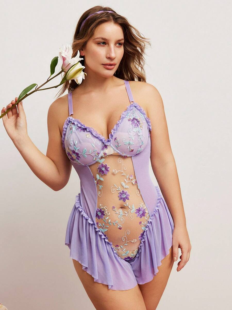 PetitDoll Lencería romántica de campo para talla grande con cintura ceñida, volantes, bordados florales y parches de malla de lavanda - Morado - Ver 1