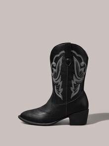 Styleloop Bốt nữ Gothic Punk thêu trắng cổ bướm cắt chữ V phong cách Western cao đến bắp chân gót dày, Halloween - Màu đen mờ - Xem 3