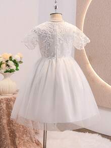 Girls White Mesh Lace Dress,Round Neck Cap Sleeve Textured Waist Elegant Summer Princess Dress,Suitable For Wedding Flower Girl Formal,Parties - White - View 2