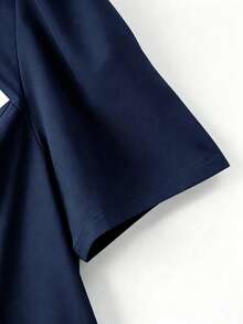 GlowEve CURVE Plus Size Women's Elegant Color Block Square Collar Puff Sleeve Pearl Button Front Split Hem Fitted A-Line Short Shirt, Suitable For Spring/Summer Casual, Commute, Vacation - Navy Blue - View 6
