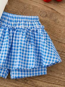 SHEIN 2pcs/Set Young Girls Summer Embroidered Knit Vest&Ditsy Floral Skirt Shorts,Casual Cute Cherry Leopard Gingham Print Camisole Top Matching Outfit Set - Multicolor - View 8