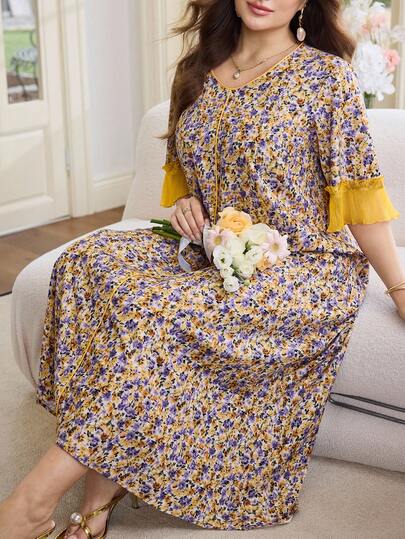 Al Najma Đầm nữ cỡ lớn họa tiết hoa phối màu tương phản, tay lửng 3/4, kiểu dáng thường ngày.