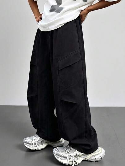PAVTROS Men Flap Pocket Side Drawstring Waist Oversize Cargo Pants, Fall