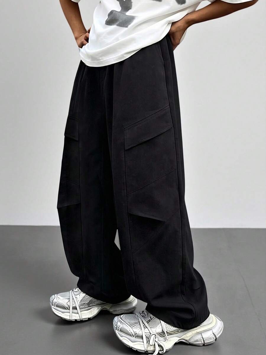 PAVTROS Men Flap Pocket Side Drawstring Waist Oversize Cargo Pants, Fall - Black - View 1
