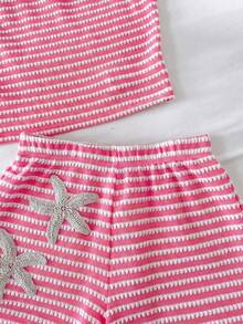 SHEIN Tween Girl Casual Comfortable Round Neck Sleeveless Starfish Decor Striped Tank Top And Shorts 2-Piece Set - Hot Pink - View 7