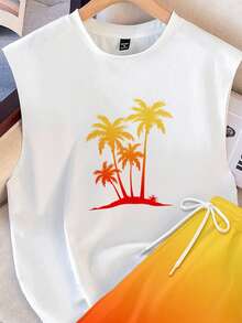 VIVINTIMO Island Vacation Style Palm Tree Sunset Ombre Casual Print Men's Standard Fit Tank Top Set - Multicolor - View 4