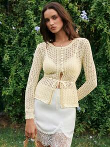 Gaivellea Áo khoác cardigan dài tay nữ, thiết kế cài nút, thắt eo, cổ tròn. - Màu be - Xem 2