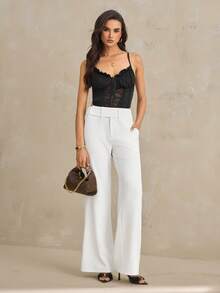 SHEIN Tall Women's Solid Color Pocket Flare Casual Elegant Pants, White Pant, Autumn, Clothes For Women, Tall Women Formal - White - View 4