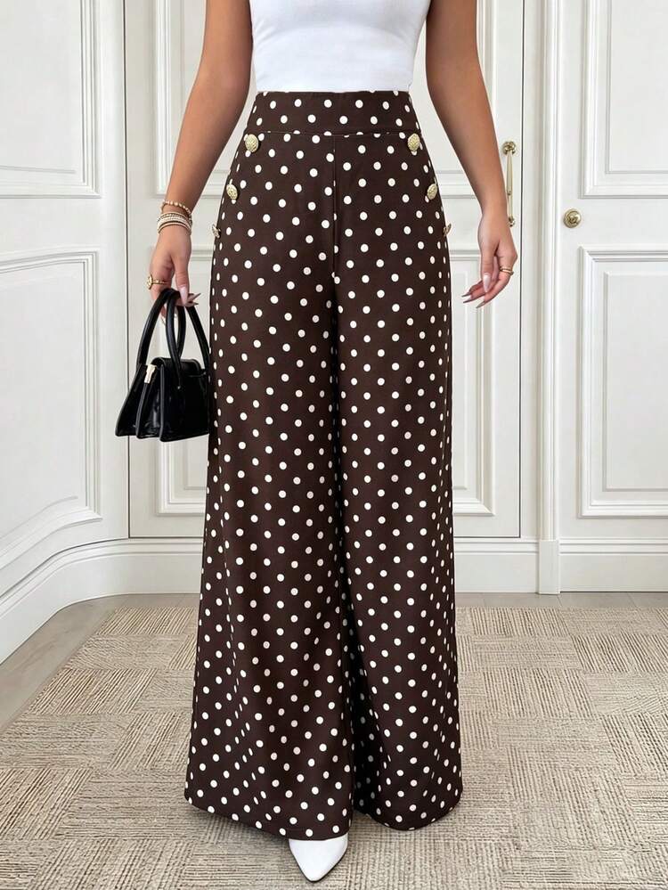 Middle-Aged & Elderly Women's Polka Dot Pattern Button Design Wide Leg Pants