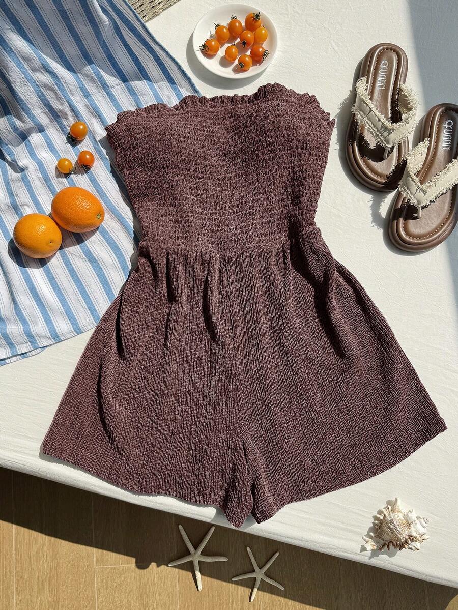 Comfortcana Plus Size Vintage Distressed Strapless Jumpsuit, Suitable For Summer Vacation, Coffee Brown - Coffee Brown - View 1