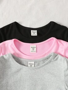 SHEIN 3件套女童夏季柔软针织短袖休闲连衣裙，黑色、粉色、灰色可选，适合日常穿着、外出、度假、露营、拍照、亲子装等多种场合。 - 彩色 - 查看 3