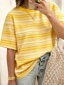EMERY ROSE Women's Casual Traditional Striped Short-Sleeved T-Shirt, Loose Round Neck Design, Machine Washable, Suitable For All Seasons, Retro Style. Vacation - Multicolor - View 3