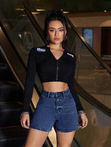 SHEIN PETITE 女款休閒牛仔短褲，修身顯瘦，適合嬌小女性 - 中等水洗藍 - 查看 6