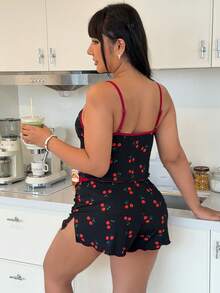 ZzzCrew Cherry Pattern Design Bow Tie Burgundy Trim Backless Sexy Plus Size Pajama Set - Black - View 3