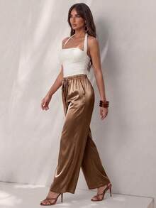 Glamine Women's Elegant Casual Satin Glossy Pants, Espresso Brown Autumn Wide-Leg Trousers, Loose Elastic Waist Drawstring For Vacation, Business - Coffee Brown - View 6